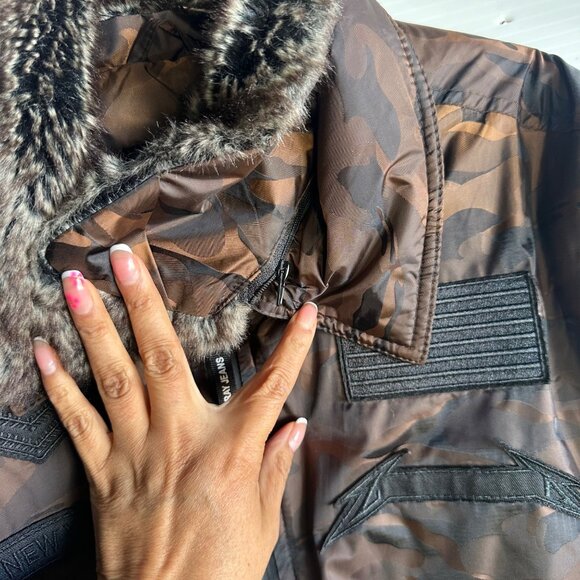 XRAY Jeans Brown Camouflage Bomber Jacket W/ Faux Fur Collar & Patches Size M - Picture 4 of 13
